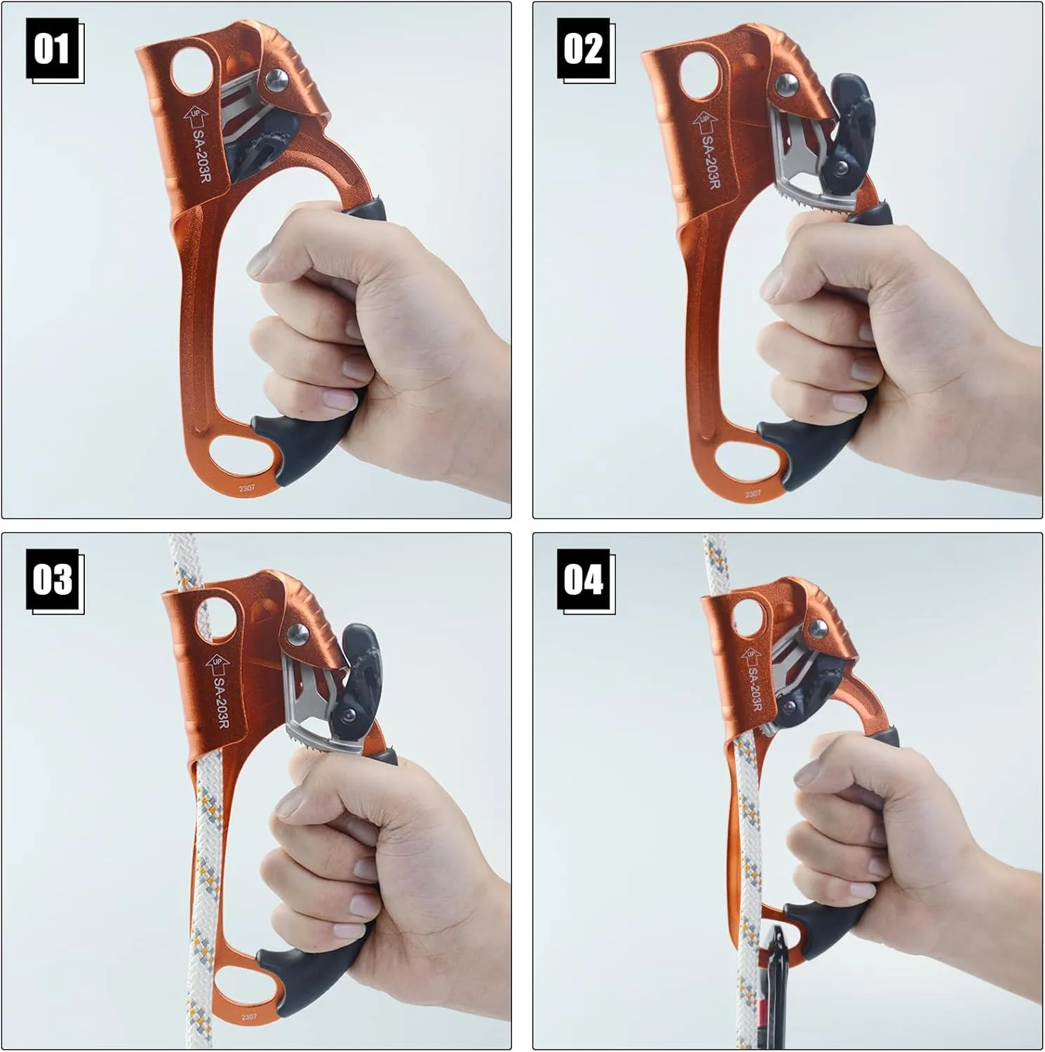 CE Hand Ascender,140kgs Rappelling Gear Equipment with Ergonomic Rubber Handle for Rock Climbing Tree Arborist, Climbing Rescue Caving, Mountaineering, 8~13MM Rope, 4kN,Right/Left Hand