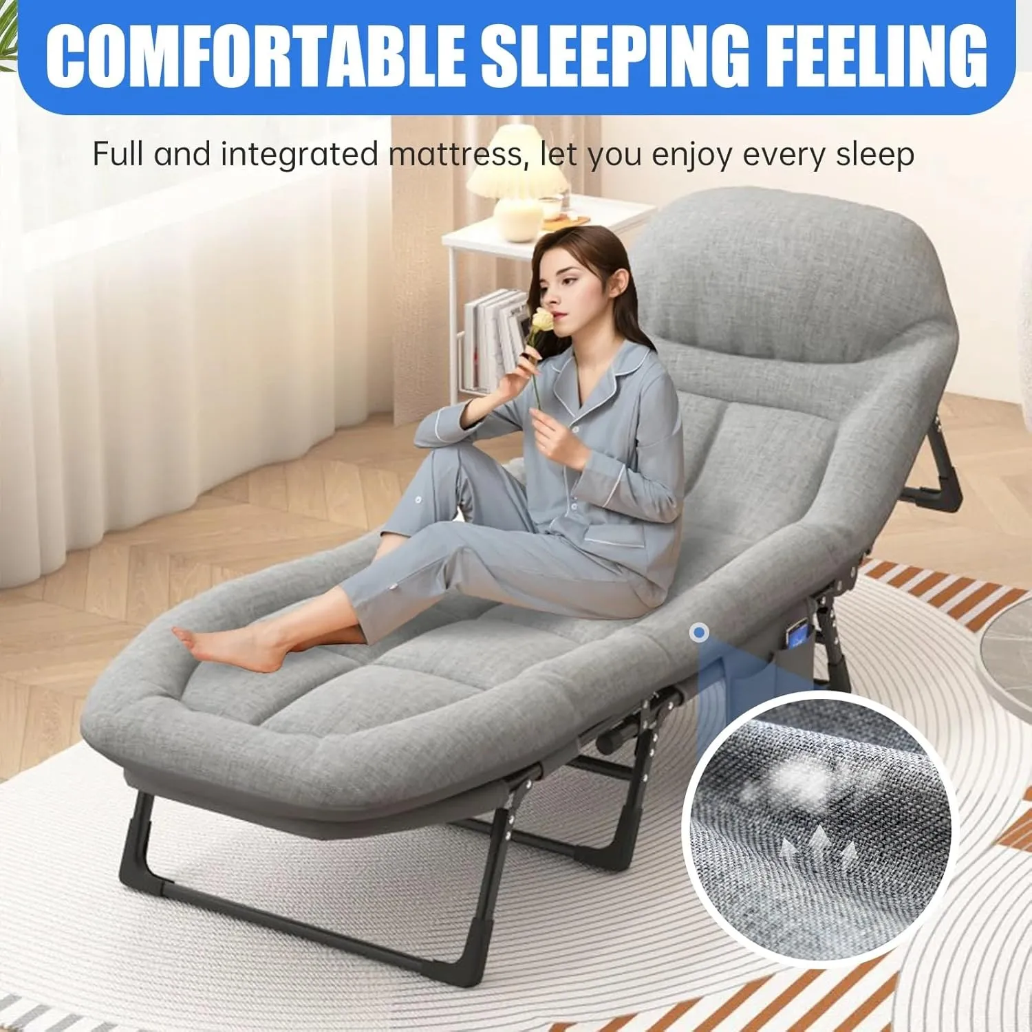 Chaise Lounge Chair, Folding Cot, Sleeping Cots for Adults,6-Angle Adjustable Camping Cot,Easy Setup & Takedown,with Mattress for Patio and Beach,Essential for Nap and Nap Lounge Chair