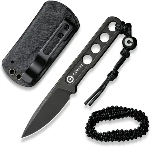 CIVIVI Circulus Fixed blade knife, 1.96" Cutting Edge Black Stonewashed 10Cr15CoMoV Steel with A Black Kydex Sheath, A Nylon Lanyard with Titanium Bead C22012-1