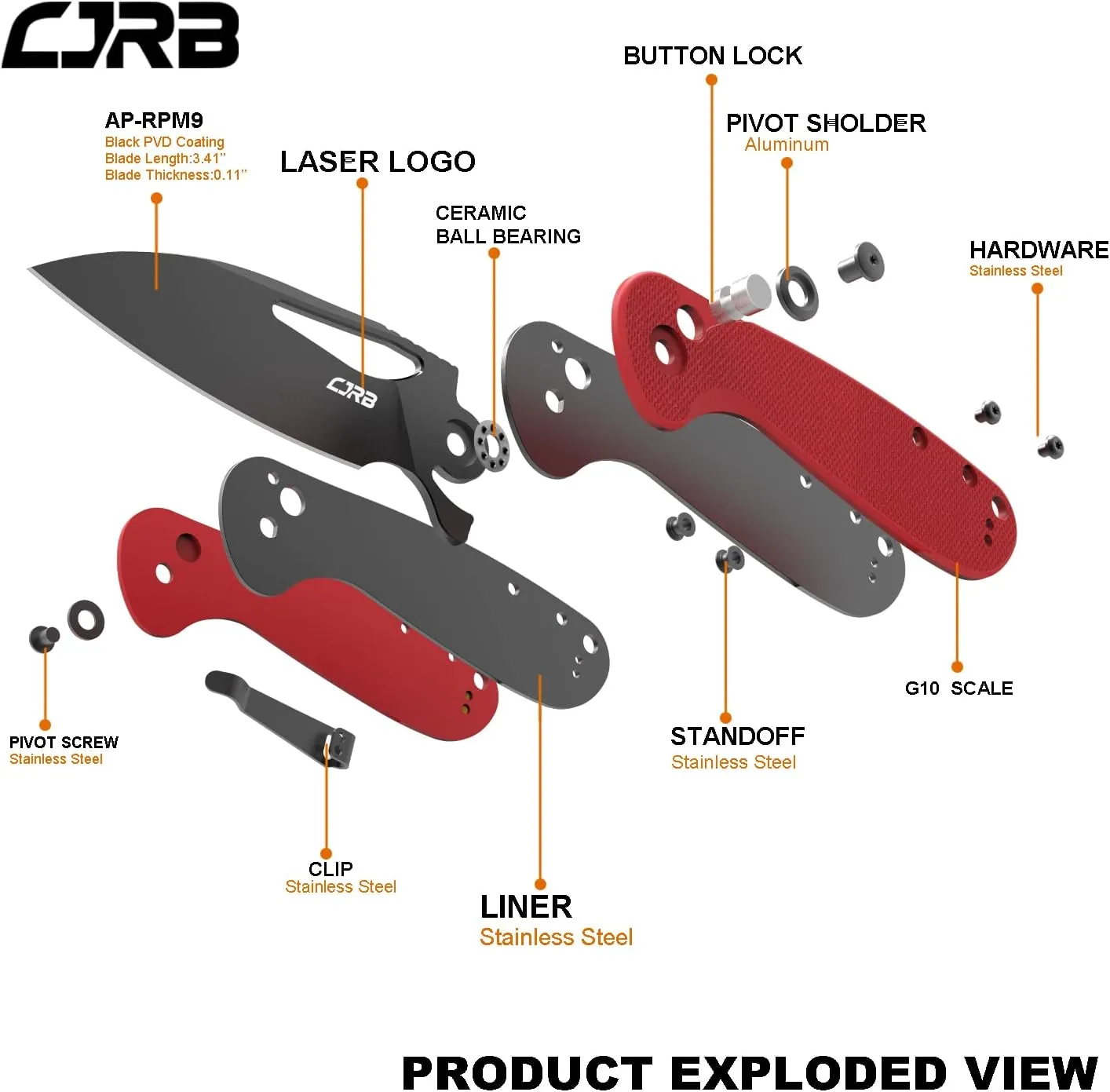 CJRB LAGO Folding Pocket Knife with 3.41'' Black PVD AR-RPM9 Blade Red G10 Handle,Button Lock EDC Knife for Tactical,Outdoor,Hiking and Gift