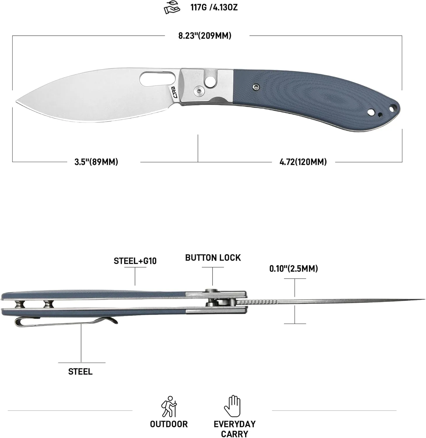 CJRB Sasaya Pocket Knife with 3.5'' AR-RPM9 Steel Blade, EDC Knife with Steel&G10 Handle for Camping Hiking(J1959 Gray)