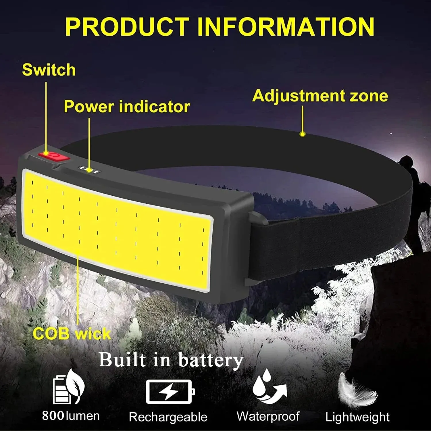 COB LED Rechargeable Headlamp, 3 Modes, USB Charging, Outdoor Camping & Fishing Emergency Light