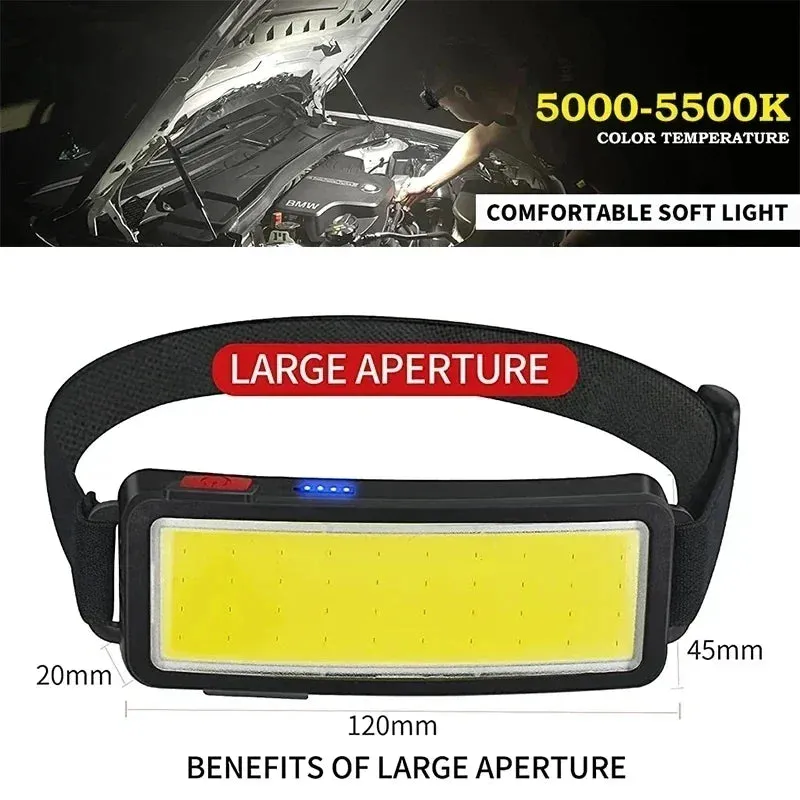 COB LED Rechargeable Headlamp, 3 Modes, USB Charging, Outdoor Camping & Fishing Emergency Light