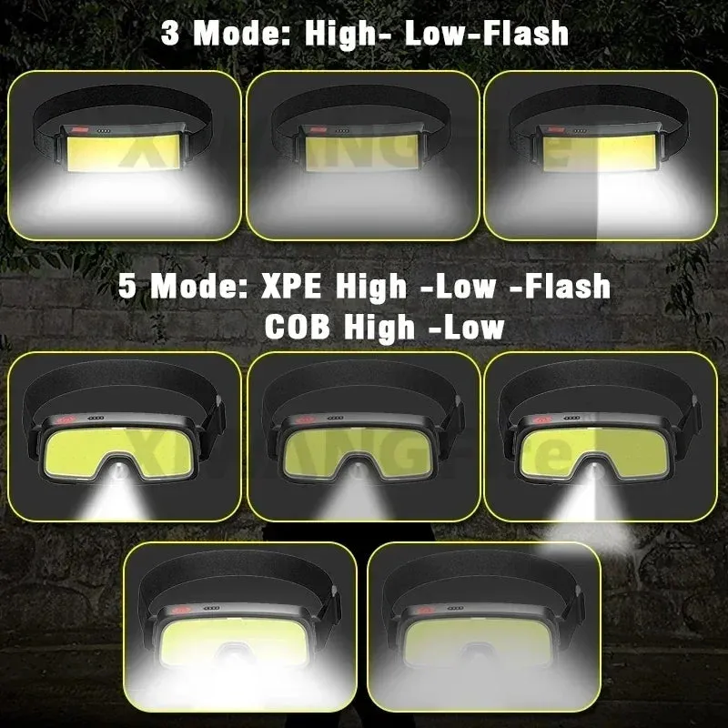 COB LED Rechargeable Headlamp, 3 Modes, USB Charging, Outdoor Camping & Fishing Emergency Light