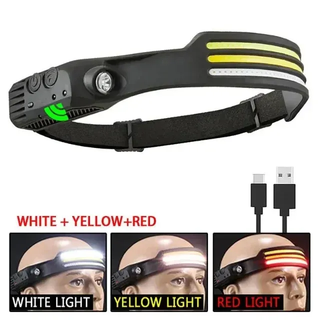 COB LED Rechargeable Headlamp, 3 Modes, USB Charging, Outdoor Camping & Fishing Emergency Light