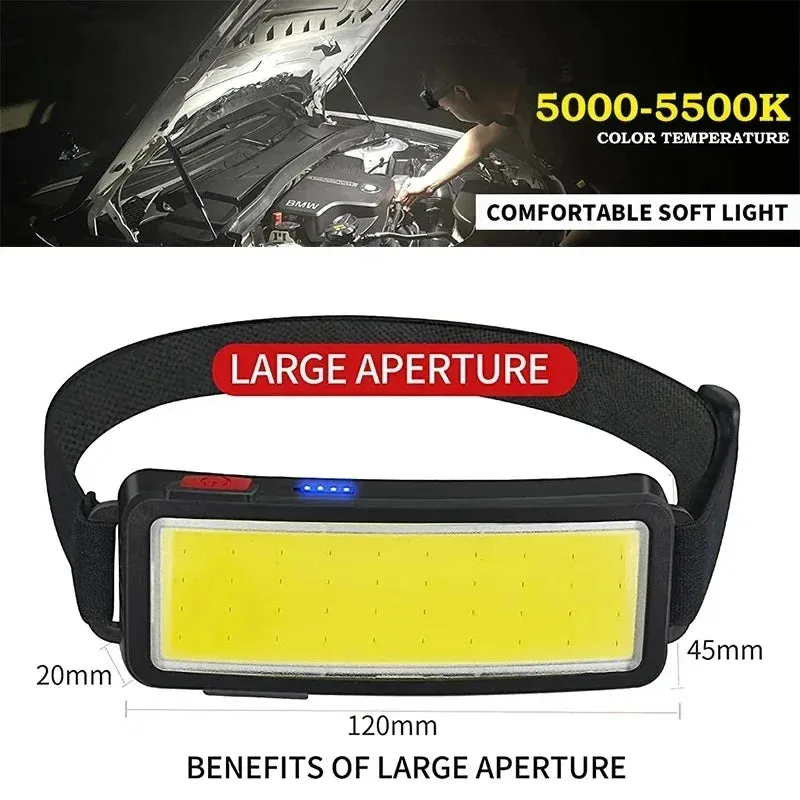 COB LED Rechargeable Headlamp, 3 Modes, USB Charging, Outdoor Camping & Fishing Emergency Light