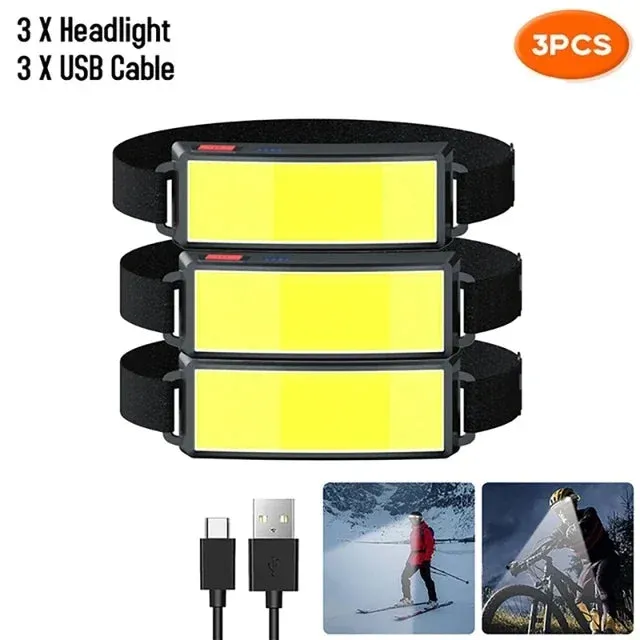 COB LED Rechargeable Headlamp, 3 Modes, USB Charging, Outdoor Camping & Fishing Emergency Light