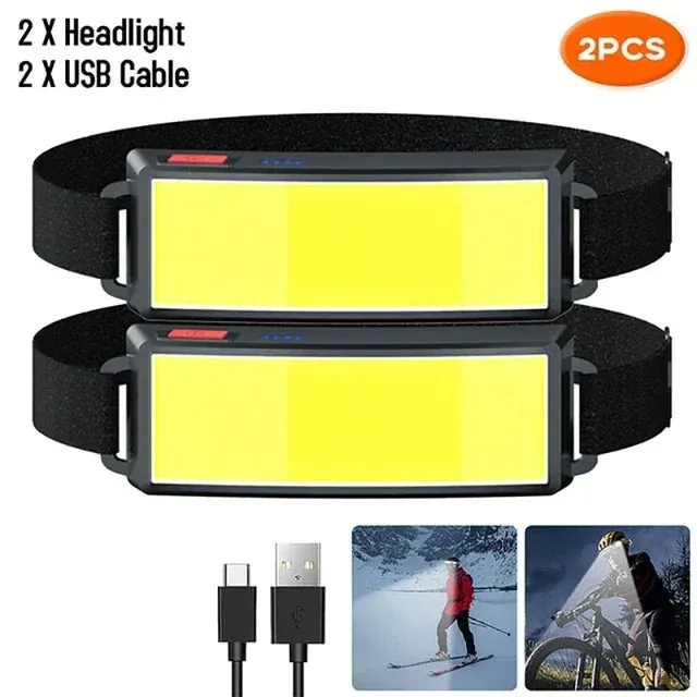 COB LED Rechargeable Headlamp, 3 Modes, USB Charging, Outdoor Camping & Fishing Emergency Light