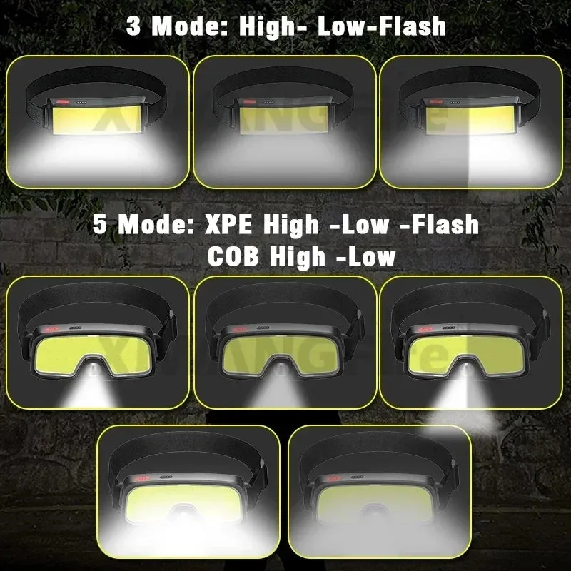 COB LED Rechargeable Headlamp, 3 Modes, USB Charging, Outdoor Camping & Fishing Emergency Light