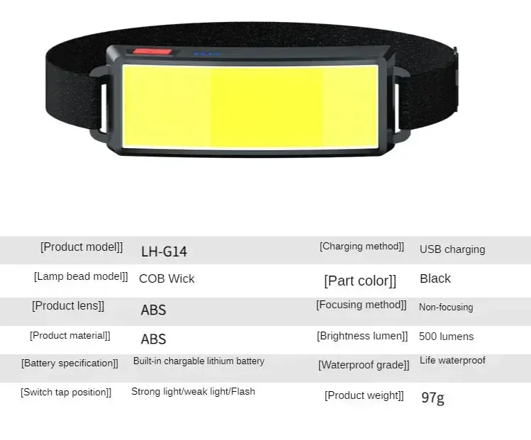 COB LED Rechargeable Headlamp, 3 Modes, USB Charging, Outdoor Camping & Fishing Emergency Light