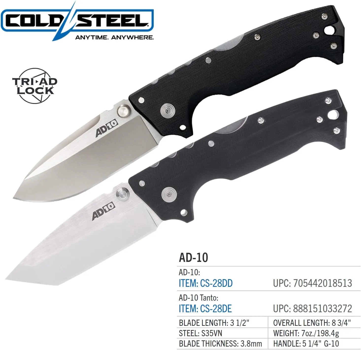 Cold Steel AD-10 3.5" S35VN Steel Ultra-Sharp Blade 5.25" G-10 Handle Tactical Folding Knife with Tri-Ad Locking Mechanism