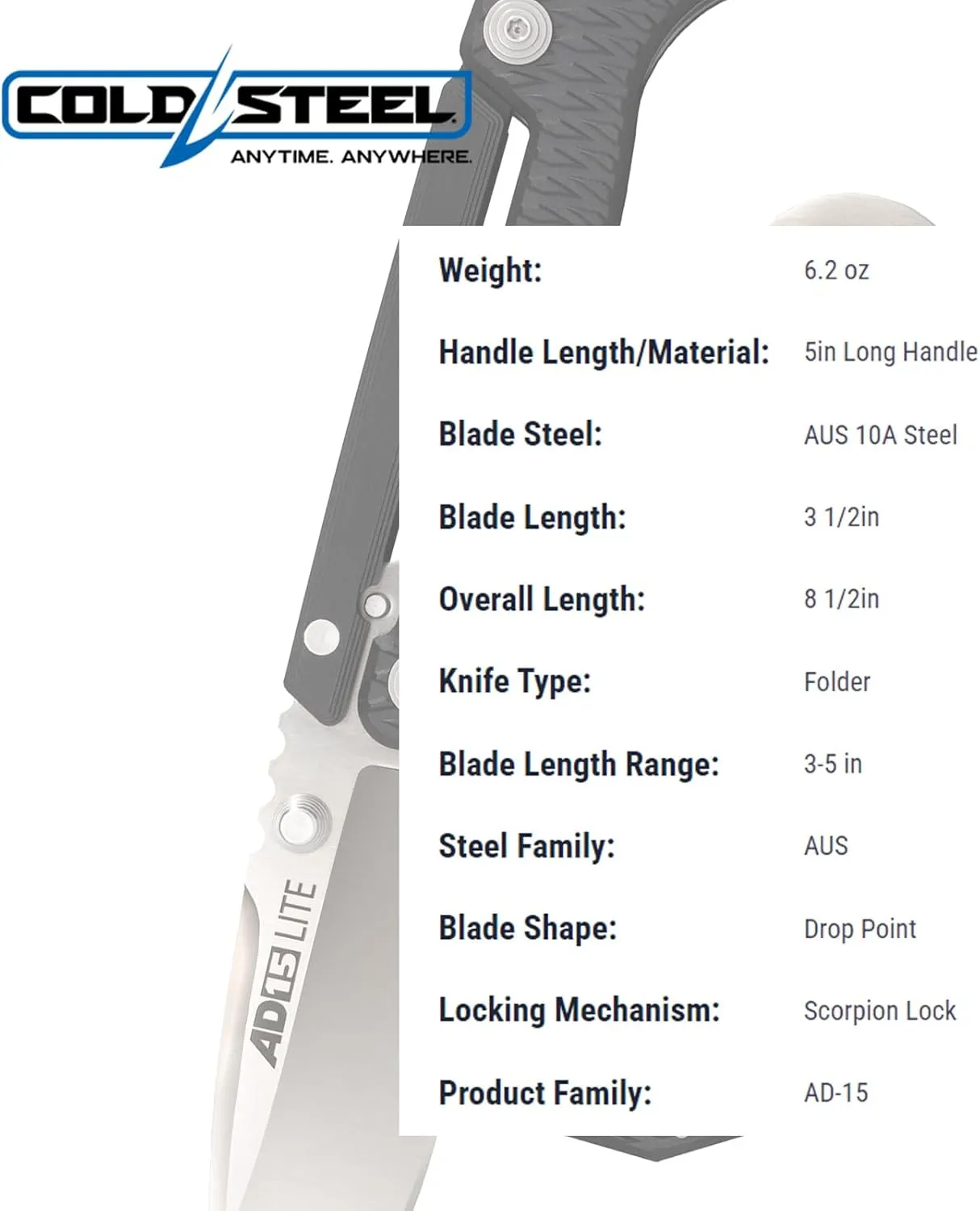 Cold Steel AD-15 Lite 3.5" AUS10A Steel Ultra-Sharp Blade 5" Griv-Ex Handle Tactical Folding Knife - Scorpion Lock, Pocket/Belt Clip