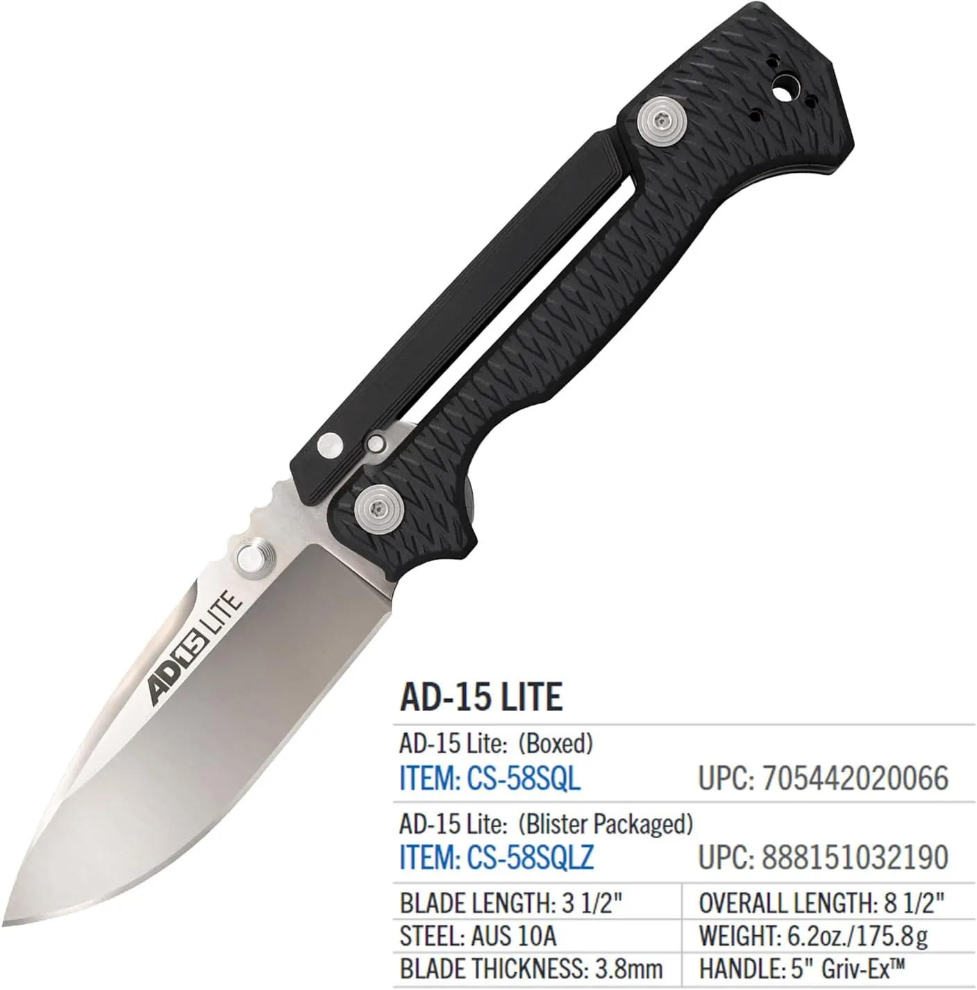 Cold Steel AD-15 Lite 3.5" AUS10A Steel Ultra-Sharp Blade 5" Griv-Ex Handle Tactical Folding Knife - Scorpion Lock, Pocket/Belt Clip