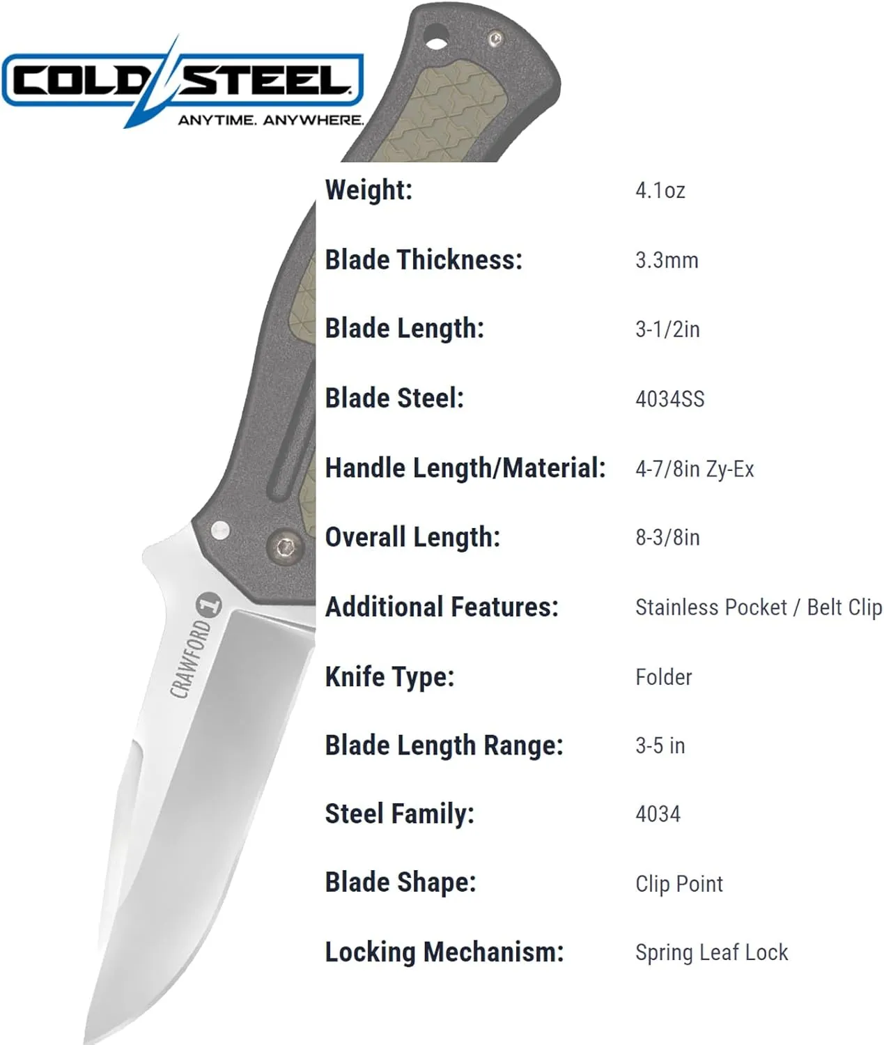 Cold Steel Crawford Model 1 3.5" 4034SS Clip Point Blade 4.875" Zy-Ex Handle Tactical Folding Knife with Spring Leaf Lock