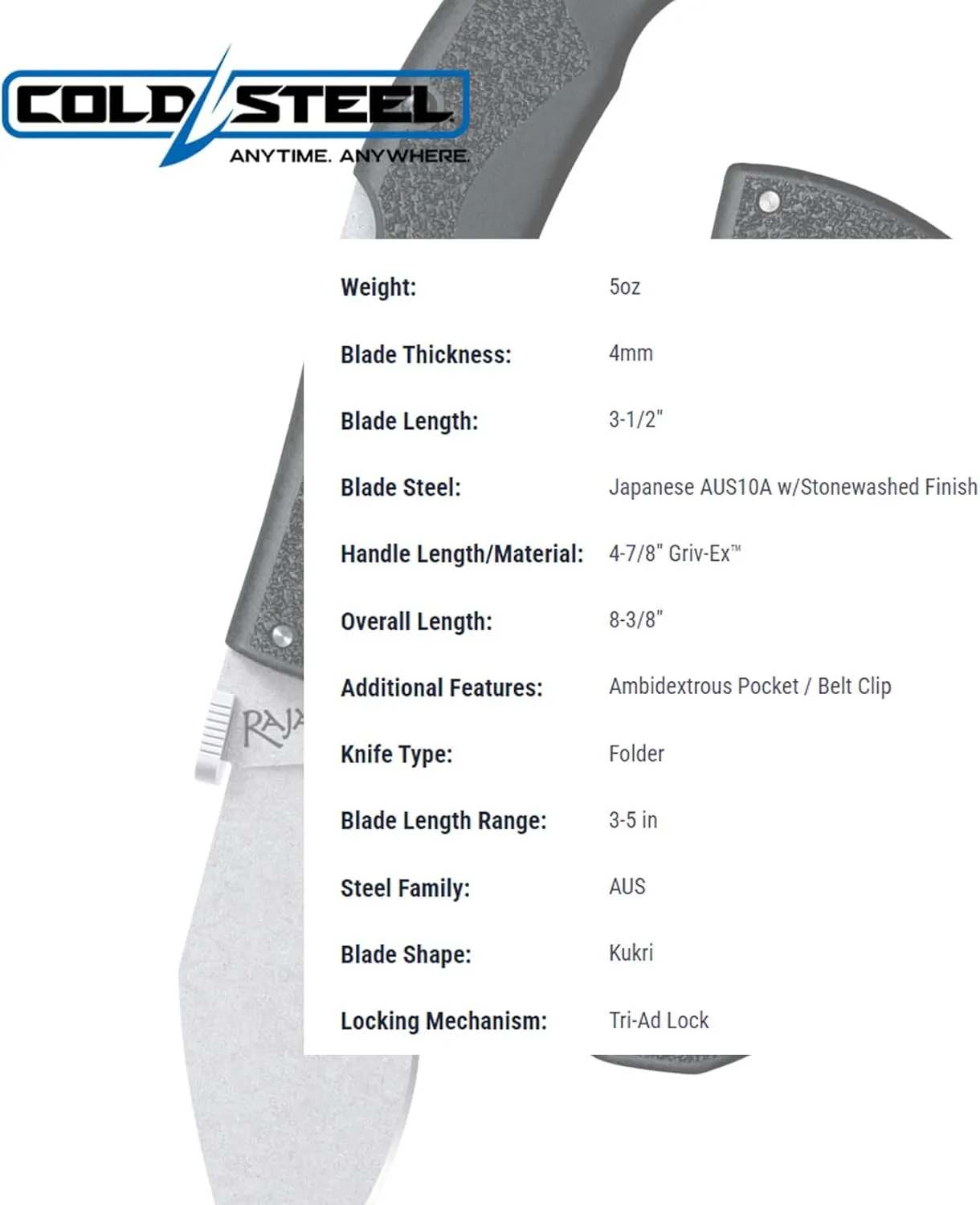 Cold Steel Rajah Series Japanese AUS10A Razor-Sharp Blade Griv-Ex Handle Tactical Folding Knife with Tri-Ad Lock, Ambidextrous Pocket/Belt Clip