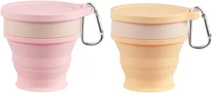 Collapsible Cups 2-Pack, Silicone Foldable Travel Cups with Lid & Carabiner,7.44flozPortable Camping Mug for Hiking, Backpacking, Coffee, (Pink & Wheat Yellow/Blue & Gray) (Pink and Wheat Yellow)