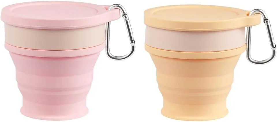 Collapsible Cups 2-Pack, Silicone Foldable Travel Cups with Lid & Carabiner,7.44flozPortable Camping Mug for Hiking, Backpacking, Coffee, (Pink & Wheat Yellow/Blue & Gray) (Pink and Wheat Yellow)