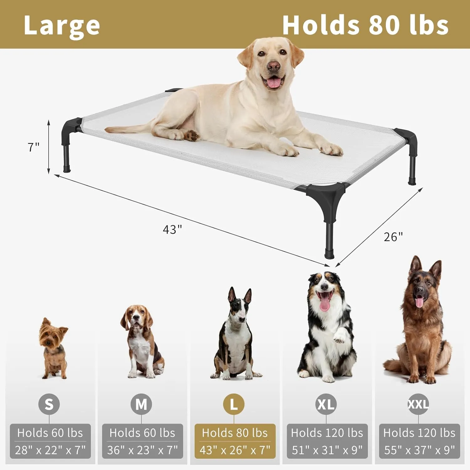 Cooling Elevated Dog Bed, Portable Raised Pet Cot with Washable & Breathable Mesh, No-Slip Feet Durable Dog Cots Bed for Indoor & Outdoor Use（L）