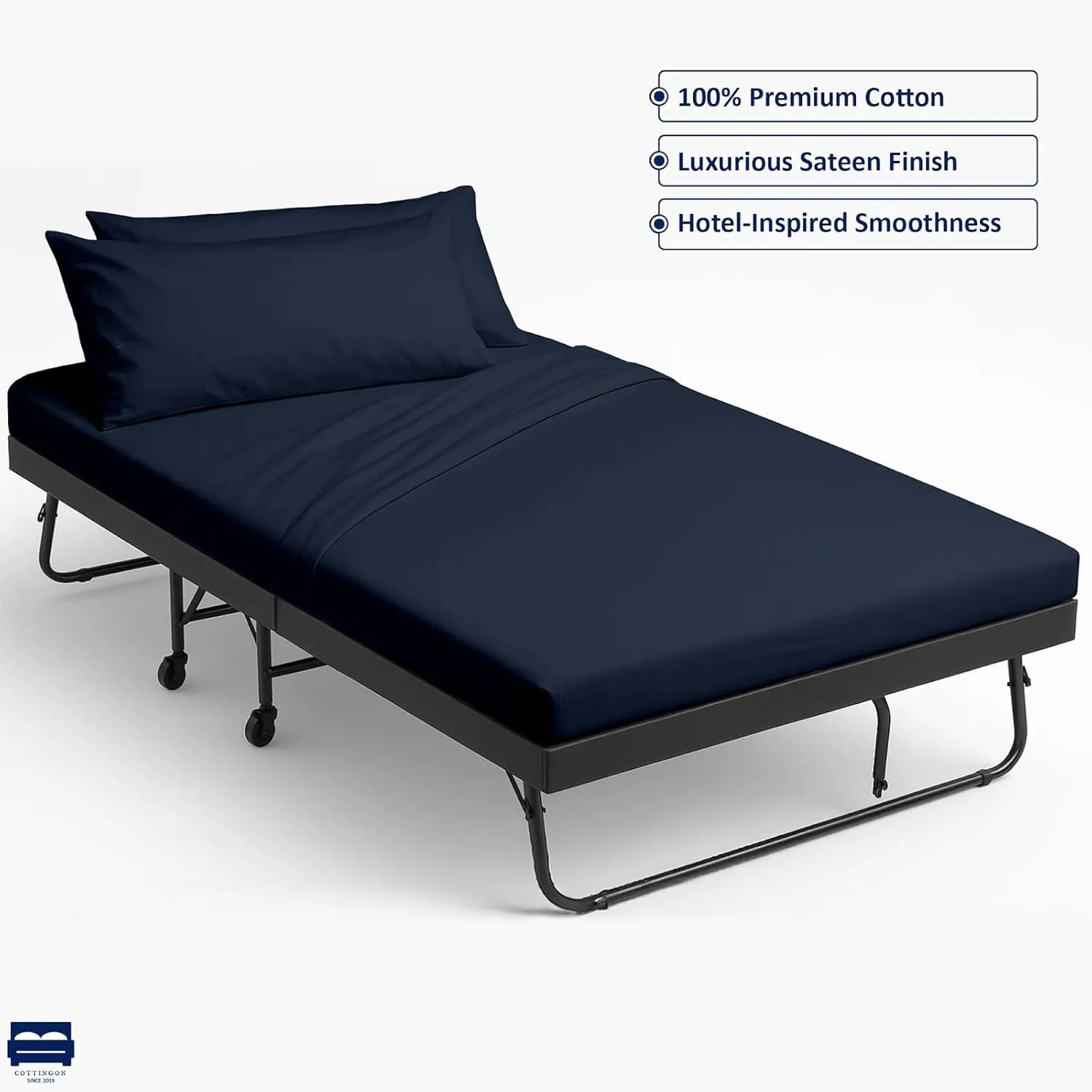 Cottingon 4 Pc Cot Sheets 30"x75" Set, 100% Egyptian Cotton, Perfect for Rollaway Beds, Narrow Twin, Camping, Cot Size, Rv Bunk, Guest Bed Replacement 7" Deep Mattress, Navy Blue Solid