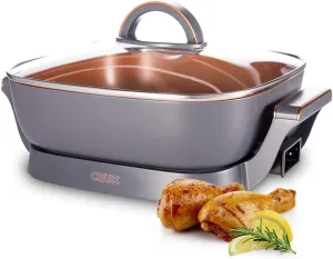 CRUX Electric Skillet with Glass Lid - Nonstick Scratch Resistant Ceramic Pan, Extra Deep with Removable Temperature Probe, 12" x 12", 1200 Watts, PFOA & PTFE Free