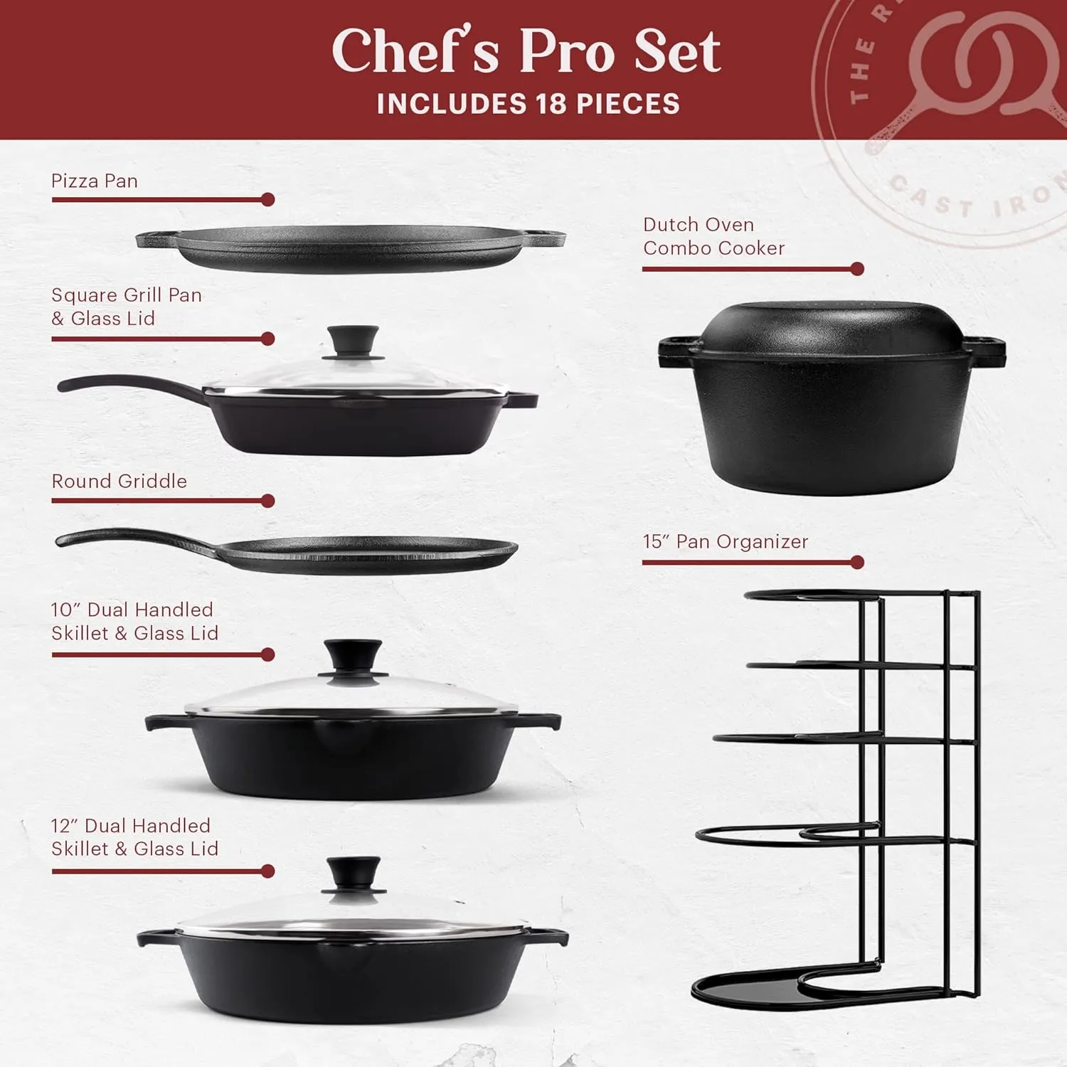 Cuisinel Cast Iron 18-Piece Preseasoned Cookware Set: 10" 12" Skillets w/Lids   5-Qt Dutch Oven   10.5" Square Grill Pan w/Lid   Pizza Pan   Round Griddle   15" Organizer  Scraper   Silicone Handle