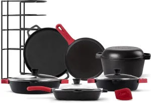 Cuisinel Cast Iron 18-Piece Preseasoned Cookware Set: 10" 12" Skillets w/Lids   5-Qt Dutch Oven   10.5" Square Grill Pan w/Lid   Pizza Pan   Round Griddle   15" Organizer  Scraper   Silicone Handle