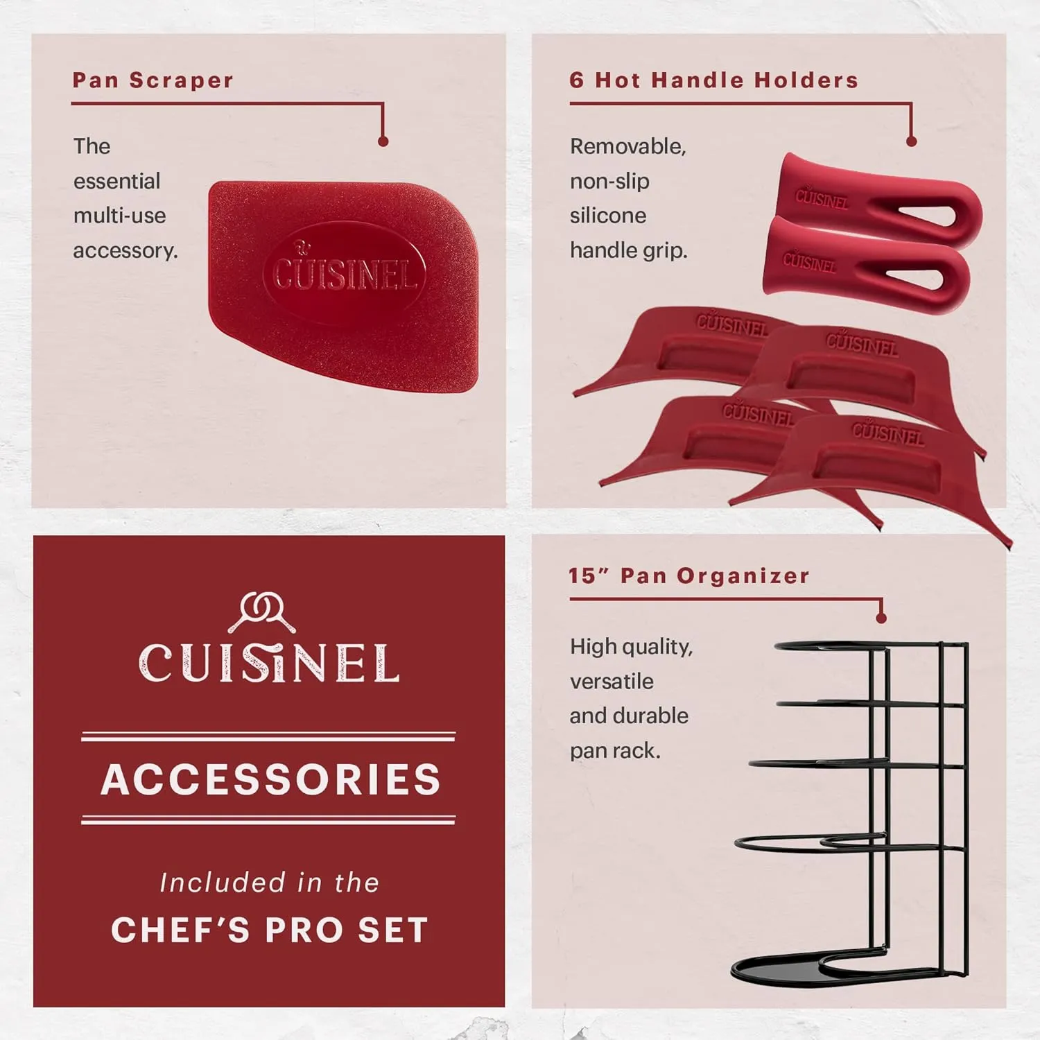 Cuisinel Cast Iron 18-Piece Preseasoned Cookware Set: 10" 12" Skillets w/Lids   5-Qt Dutch Oven   10.5" Square Grill Pan w/Lid   Pizza Pan   Round Griddle   15" Organizer  Scraper   Silicone Handle