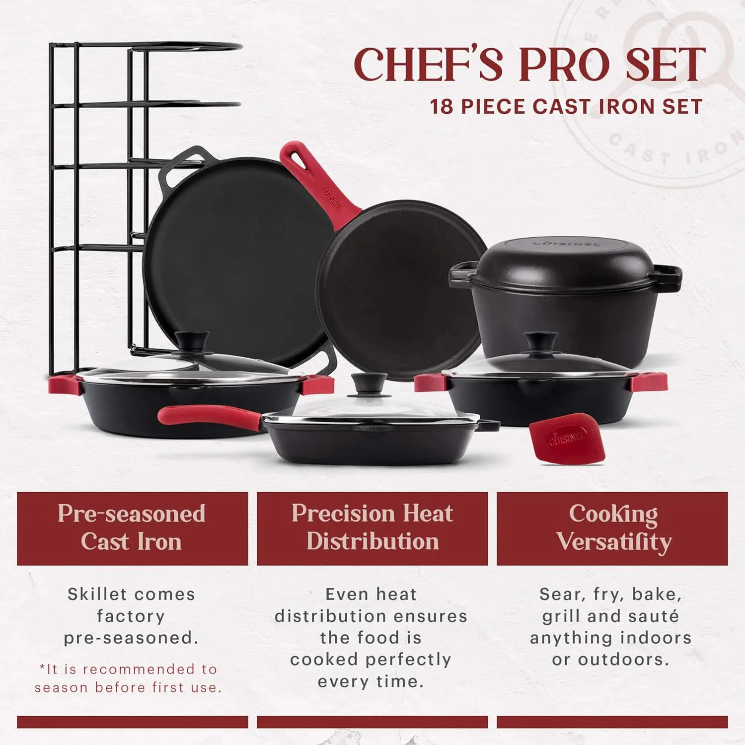 Cuisinel Cast Iron 18-Piece Preseasoned Cookware Set: 10" 12" Skillets w/Lids   5-Qt Dutch Oven   10.5" Square Grill Pan w/Lid   Pizza Pan   Round Griddle   15" Organizer  Scraper   Silicone Handle