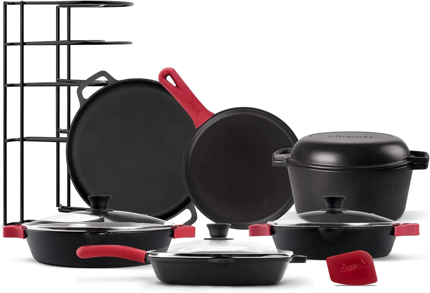 Cuisinel Cast Iron 18-Piece Preseasoned Cookware Set: 10" 12" Skillets w/Lids   5-Qt Dutch Oven   10.5" Square Grill Pan w/Lid   Pizza Pan   Round Griddle   15" Organizer  Scraper   Silicone Handle