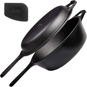 Cuisinel Cast Iron 2-In-1 Multi Cooker - 3-Quart Dutch Oven and Skillet Lid Set Oven Safe Cookware   Black Pan Scraper - Use As Dutch Oven and Frying Pan - Indoor and Outdoor Use - Grill, Stovetop