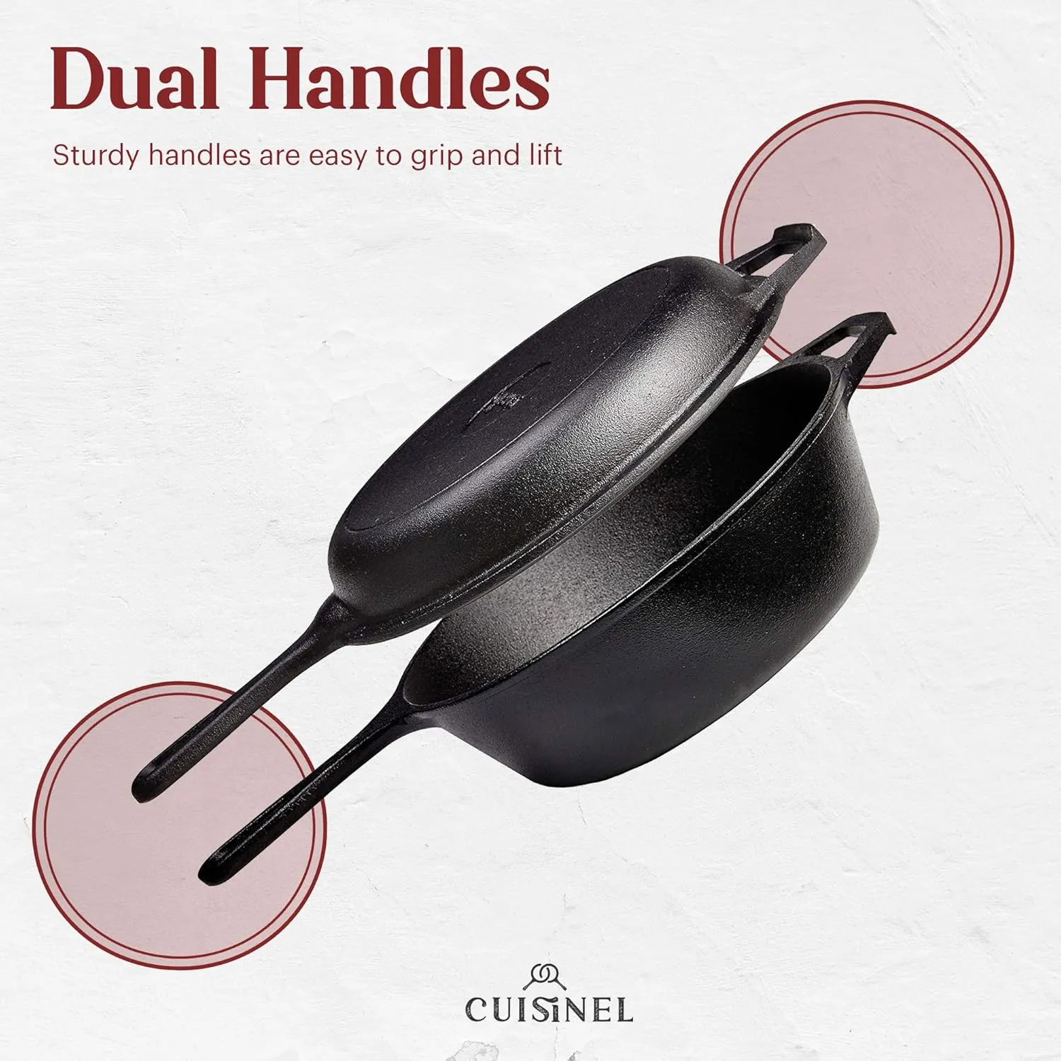 Cuisinel Cast Iron 2-In-1 Multi Cooker - 3-Quart Dutch Oven and Skillet Lid Set Oven Safe Cookware   Black Pan Scraper - Use As Dutch Oven and Frying Pan - Indoor and Outdoor Use - Grill, Stovetop