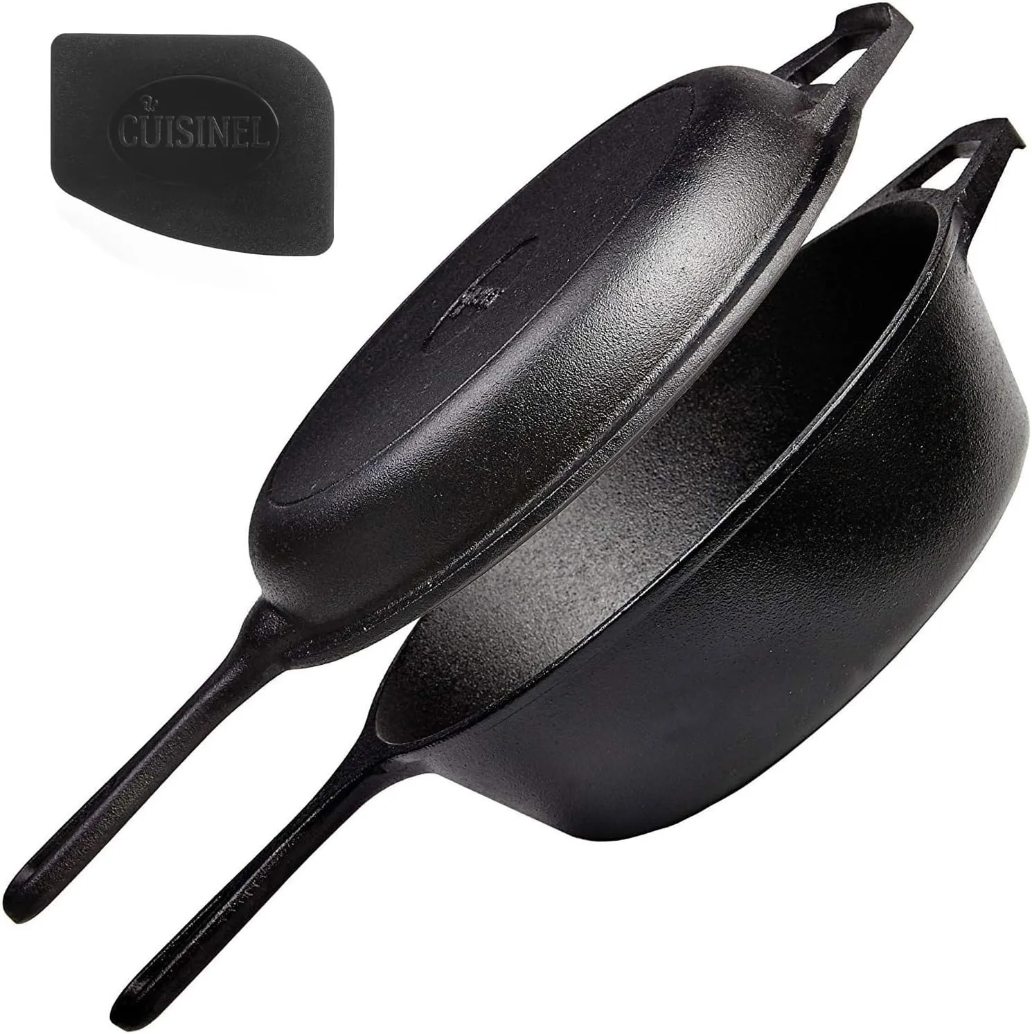Cuisinel Cast Iron 2-In-1 Multi Cooker - 3-Quart Dutch Oven and Skillet Lid Set Oven Safe Cookware   Black Pan Scraper - Use As Dutch Oven and Frying Pan - Indoor and Outdoor Use - Grill, Stovetop