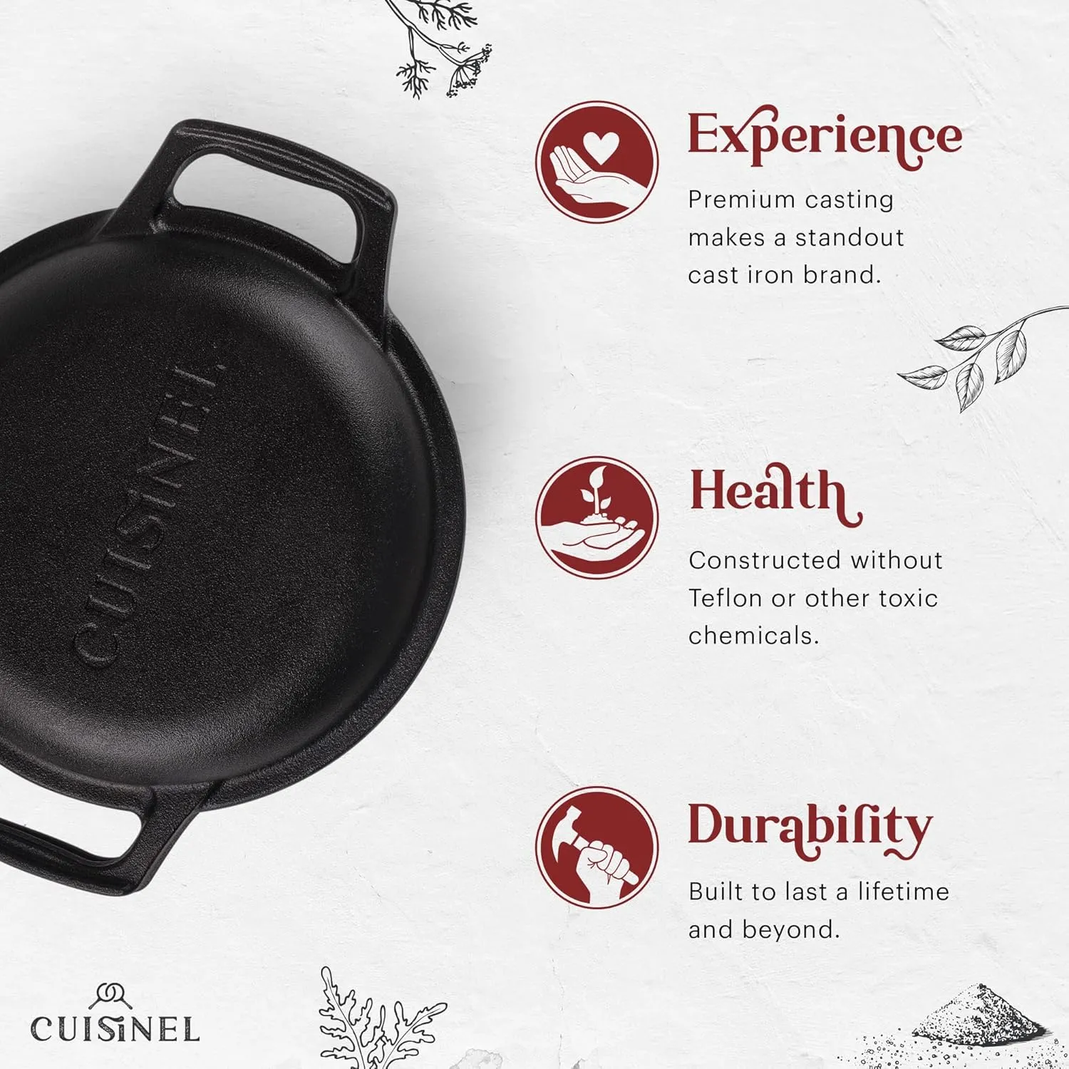 Cuisinel Cast Iron Dutch Oven - 3-Quart Deep Pot - Pre-Seasoned 2-in-1 Multi-Cooker - Combo Lid Doubles as 8"-inch Skillet Frying Pan   Silicone Handle Covers   Scraper - Use for Baking Bread