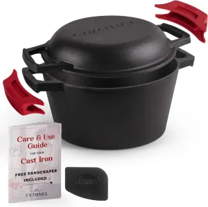 Cuisinel Cast Iron Dutch Oven - 3-Quart Deep Pot - Pre-Seasoned 2-in-1 Multi-Cooker - Combo Lid Doubles as 8"-inch Skillet Frying Pan   Silicone Handle Covers   Scraper - Use for Baking Bread