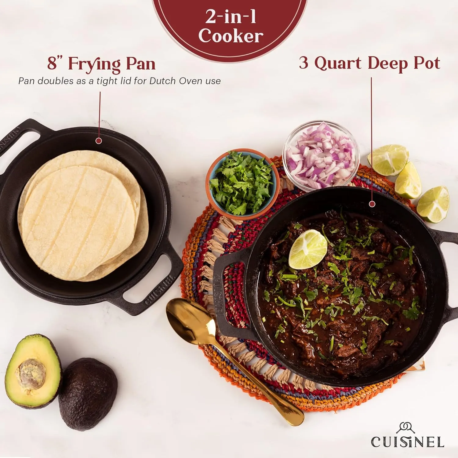 Cuisinel Cast Iron Dutch Oven - 3-Quart Deep Pot - Pre-Seasoned 2-in-1 Multi-Cooker - Combo Lid Doubles as 8"-inch Skillet Frying Pan   Silicone Handle Covers   Scraper - Use for Baking Bread