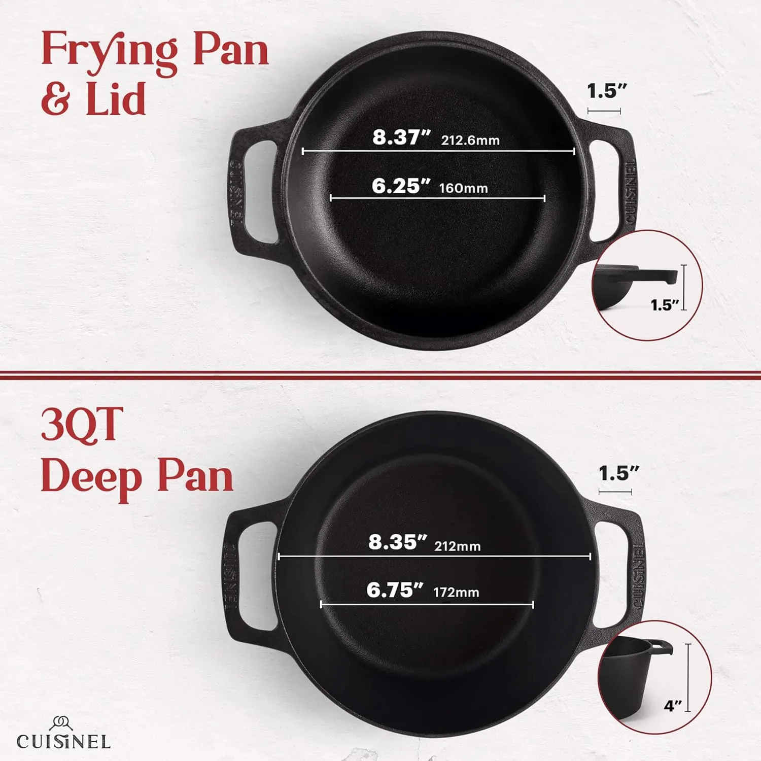 Cuisinel Cast Iron Dutch Oven - 3-Quart Deep Pot - Pre-Seasoned 2-in-1 Multi-Cooker - Combo Lid Doubles as 8"-inch Skillet Frying Pan   Silicone Handle Covers   Scraper - Use for Baking Bread