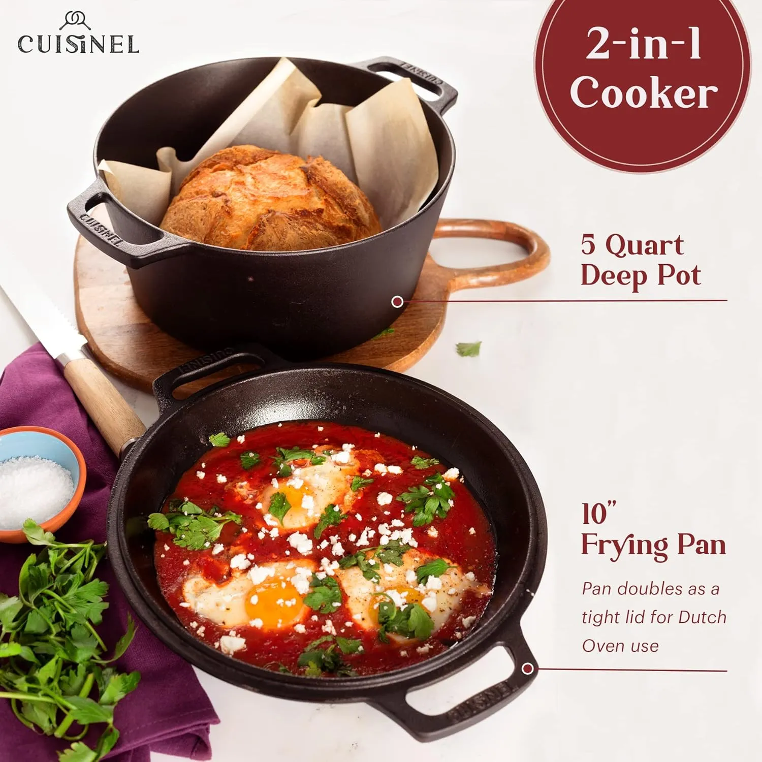 Cuisinel Cast Iron Dutch Oven - 5-Quart Deep Pot - Preseasoned 2-in-1 Multi-Cooker - Combo Lid Doubles as 10"-inch Skillet Frying Pan   Silicone Handle Covers   Scraper - Indoor/Outdoor Bread Cookware