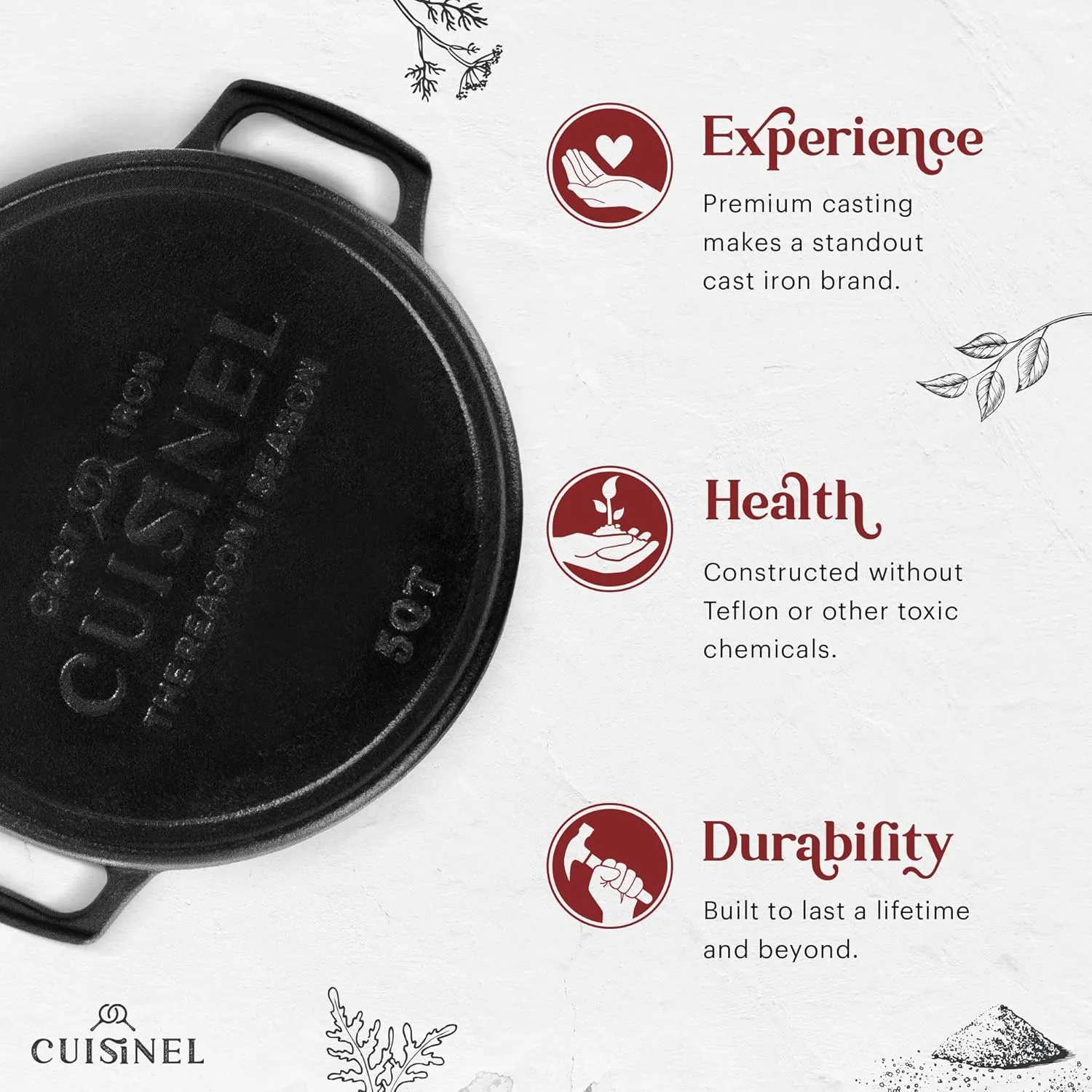 Cuisinel Cast Iron Dutch Oven - 5-Quart Deep Pot - Preseasoned 2-in-1 Multi-Cooker - Combo Lid Doubles as 10"-inch Skillet Frying Pan   Silicone Handle Covers   Scraper - Indoor/Outdoor Bread Cookware
