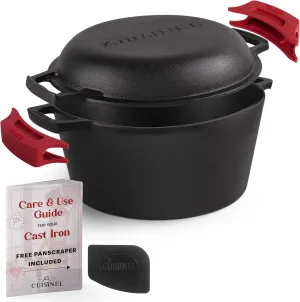 Cuisinel Cast Iron Dutch Oven - 5-Quart Deep Pot - Preseasoned 2-in-1 Multi-Cooker - Combo Lid Doubles as 10"-inch Skillet Frying Pan   Silicone Handle Covers   Scraper - Indoor/Outdoor Bread Cookware