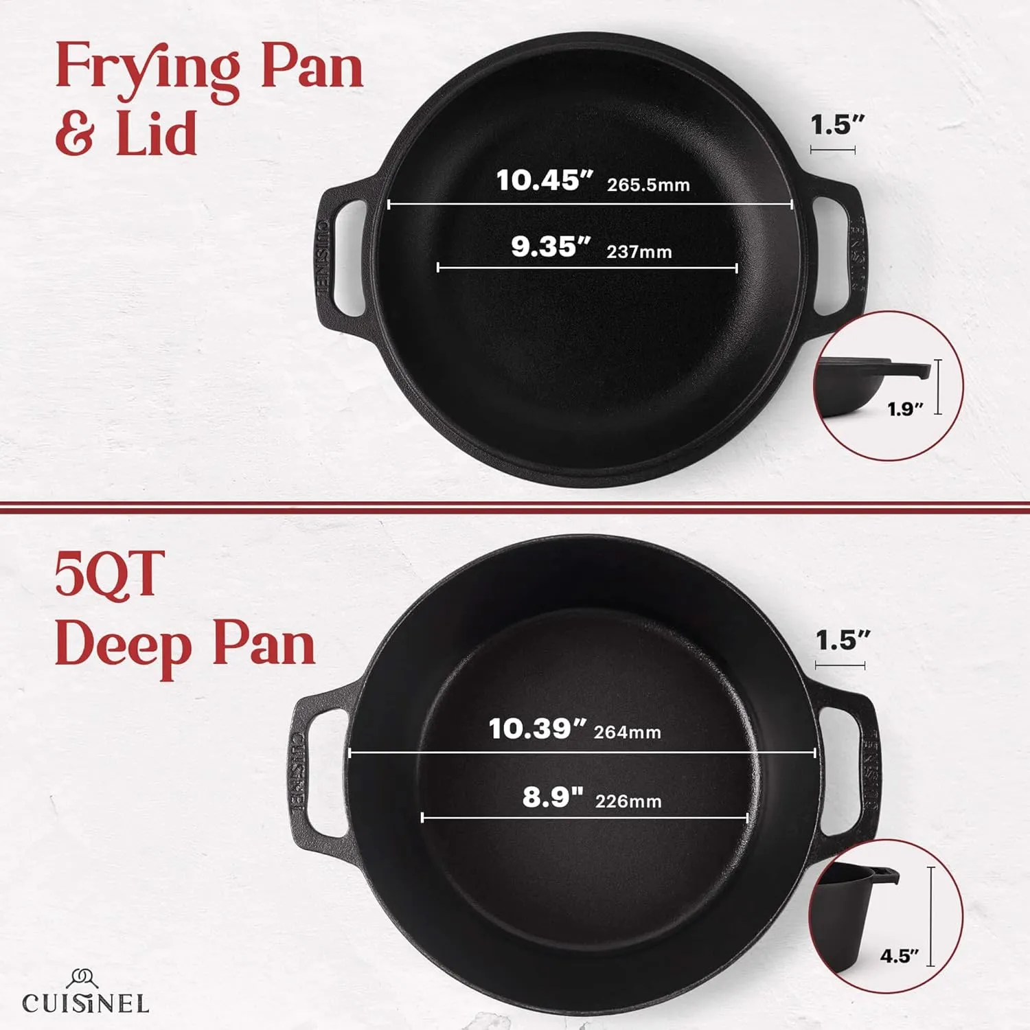 Cuisinel Cast Iron Dutch Oven - 5-Quart Deep Pot - Preseasoned 2-in-1 Multi-Cooker - Combo Lid Doubles as 10"-inch Skillet Frying Pan   Silicone Handle Covers   Scraper - Indoor/Outdoor Bread Cookware