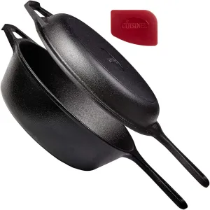 Cuisinel Cast Iron Skillet   Lid - 2-In-1 Multi Cooker - Deep Pot   Frying Pan - 3-Qt Dutch Oven - Pre-Seasoned Oven Cookware - Works for Bread, Indoor/Outdoor, Grill, Stovetop and Induction
