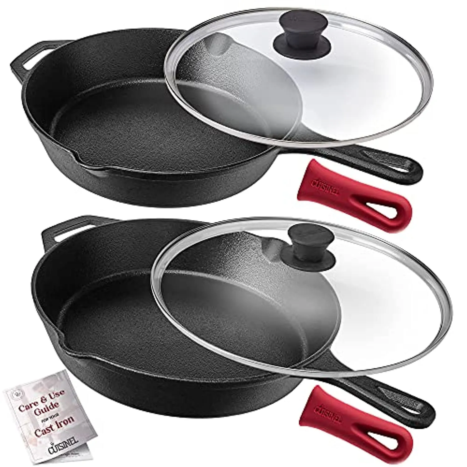 cuisinel Cast Iron Skillet Set - 10"   12"-Inch Frying Pan   Glass Lids   2 Handle Cover Grips - Pre-Seasoned Oven Safe Cookware - Indoor/Outdoor Use - Grill, Stovetop, Induction, BBQ, Camping and Firepit Safe