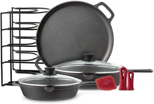 cuisinel Cast Iron Skillet Set - 10"   12"-Inch Frying Pan   Glass Lids   2 Handle Cover Grips - Pre-Seasoned Oven Safe Cookware - Indoor/Outdoor Use - Grill, Stovetop, Induction, BBQ, Camping and Firepit Safe