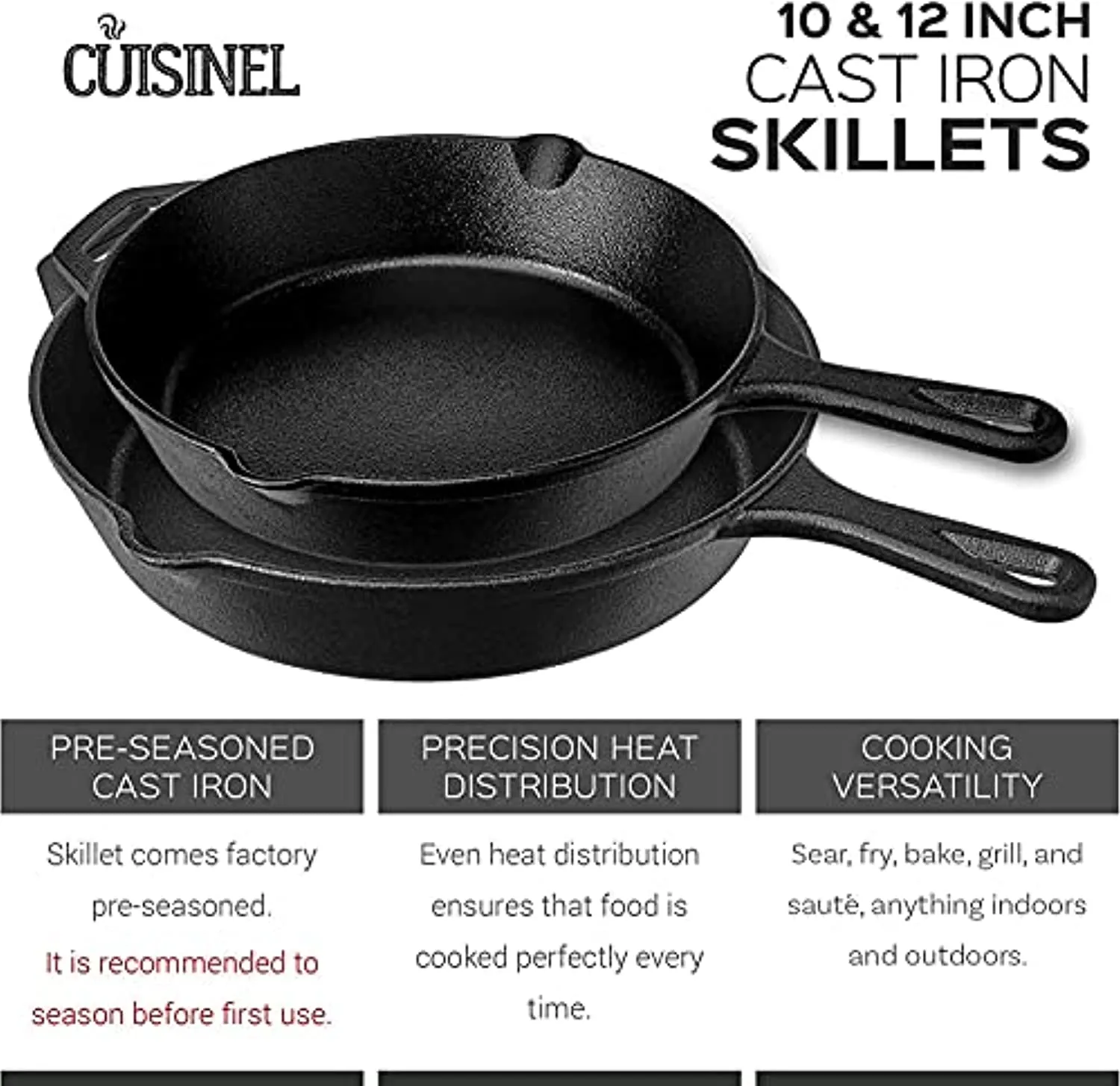 cuisinel Cast Iron Skillet Set - 10"   12"-Inch Frying Pan   Glass Lids   2 Handle Cover Grips - Pre-Seasoned Oven Safe Cookware - Indoor/Outdoor Use - Grill, Stovetop, Induction, BBQ, Camping and Firepit Safe