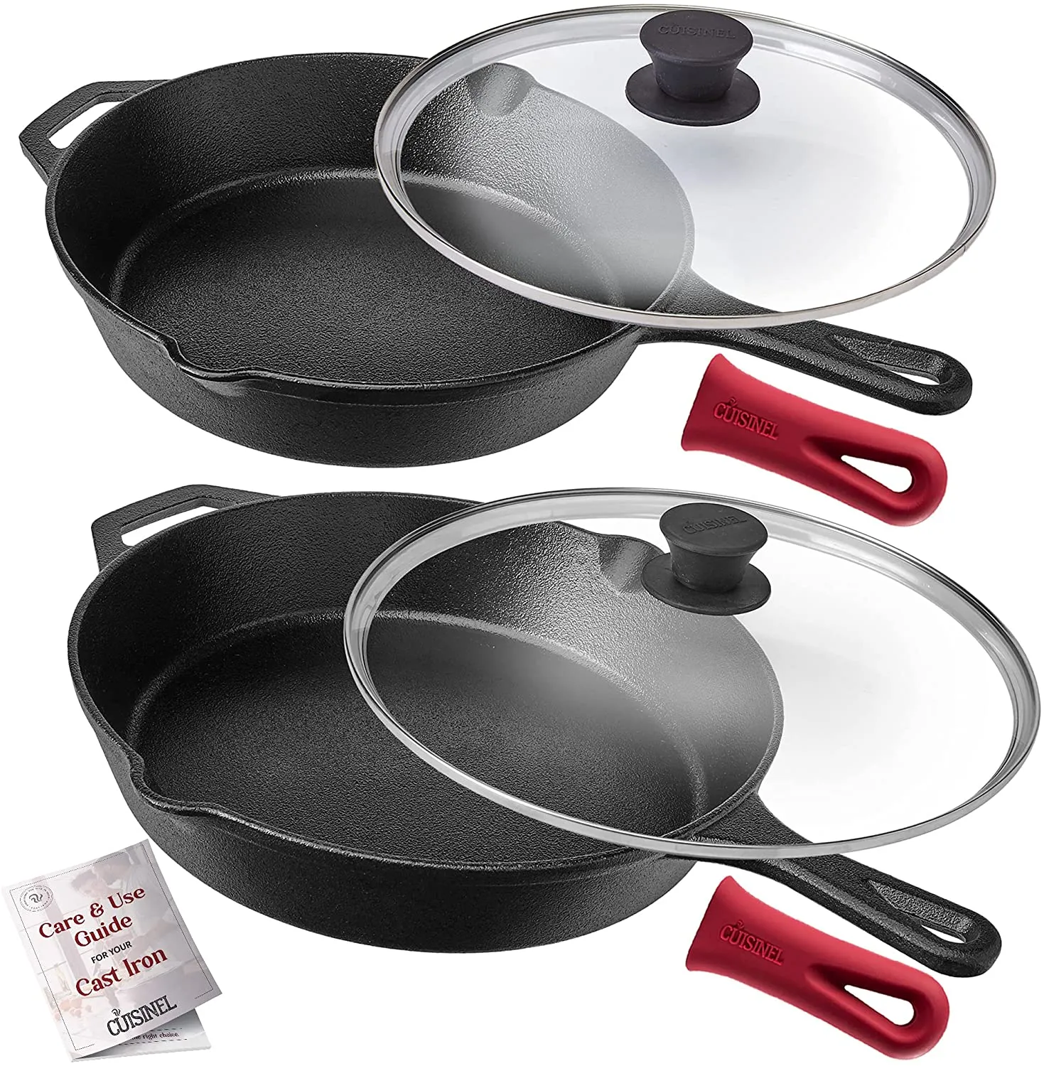 cuisinel Cast Iron Skillet Set - 10"   12"-Inch Frying Pan   Glass Lids   2 Handle Cover Grips - Pre-Seasoned Oven Safe Cookware - Indoor/Outdoor Use - Grill, Stovetop, Induction, BBQ, Camping and Firepit Safe