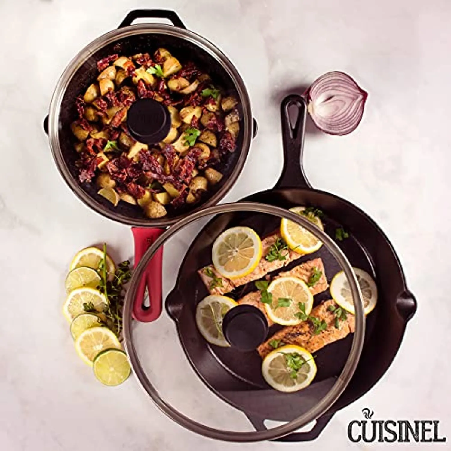 cuisinel Cast Iron Skillet Set - 10"   12"-Inch Frying Pan   Glass Lids   2 Handle Cover Grips - Pre-Seasoned Oven Safe Cookware - Indoor/Outdoor Use - Grill, Stovetop, Induction, BBQ, Camping and Firepit Safe