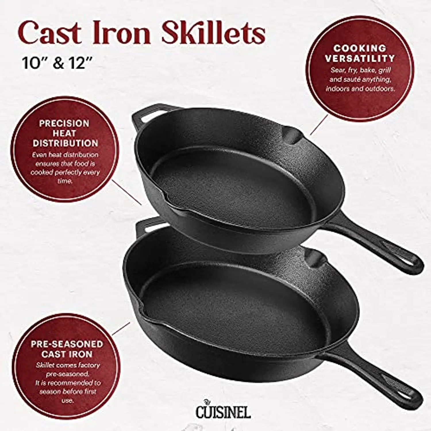cuisinel Cast Iron Skillet Set - 10"   12"-Inch Frying Pan   Glass Lids   2 Handle Cover Grips - Pre-Seasoned Oven Safe Cookware - Indoor/Outdoor Use - Grill, Stovetop, Induction, BBQ, Camping and Firepit Safe