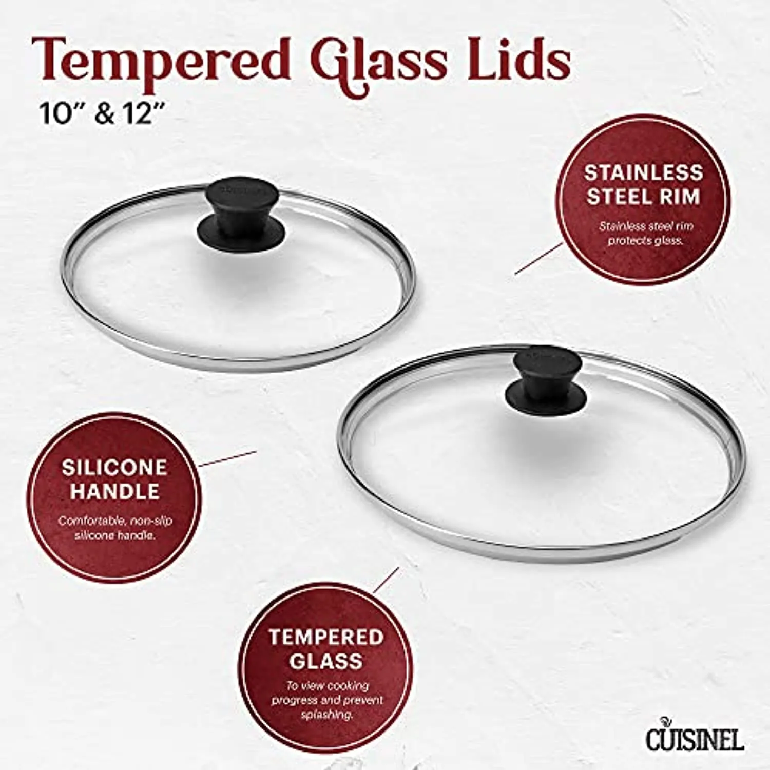 cuisinel Cast Iron Skillet Set - 10"   12"-Inch Frying Pan   Glass Lids   2 Handle Cover Grips - Pre-Seasoned Oven Safe Cookware - Indoor/Outdoor Use - Grill, Stovetop, Induction, BBQ, Camping and Firepit Safe