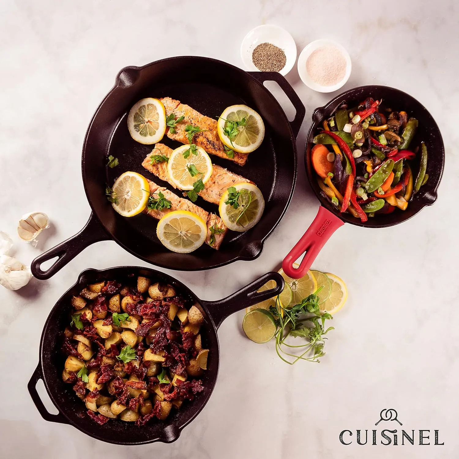 Cuisinel Cast Iron Skillet Set - 8"   10"   12"-Inch Pre-Seasoned Frying Pans   Silicone Handle Grip Covers - Use Indoor/Outdoor, Oven, Grill, Stove, BBQ, Fire, Induction - Kitchen/Camping Cookware