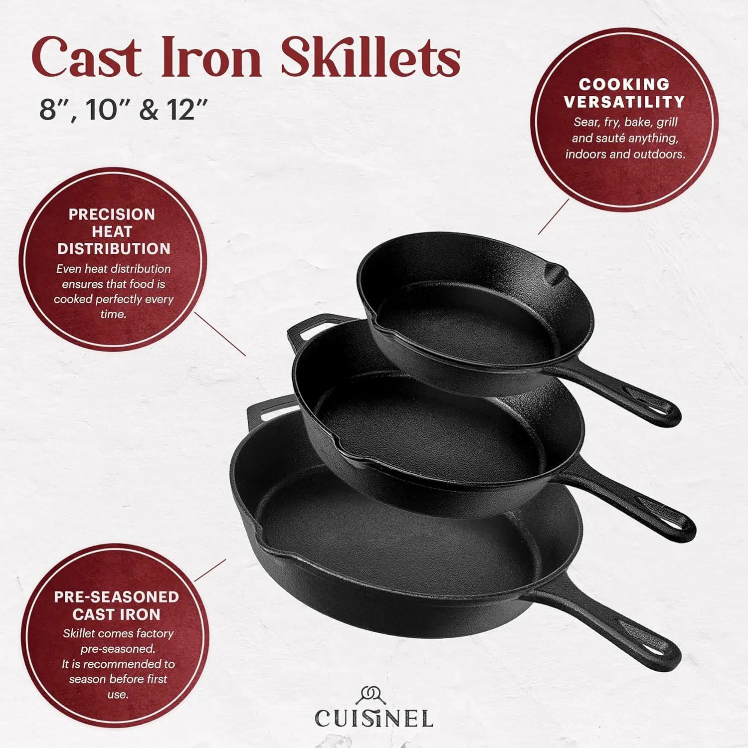 Cuisinel Cast Iron Skillet Set - 8"   10"   12"-Inch Pre-Seasoned Frying Pans   Silicone Handle Grip Covers - Use Indoor/Outdoor, Oven, Grill, Stove, BBQ, Fire, Induction - Kitchen/Camping Cookware